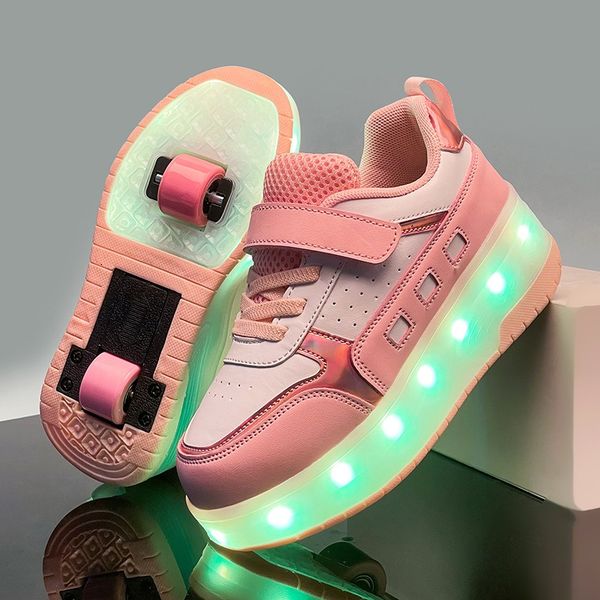 

PONERAIT Two wheels Glowing Led Light USB Charging Deformation Retractable Roller Skate Shoe, Red