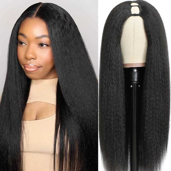

Synthetic Kinky U Part - Glueless Full hine Made Yaki Straight Hair Wig for Women, Black