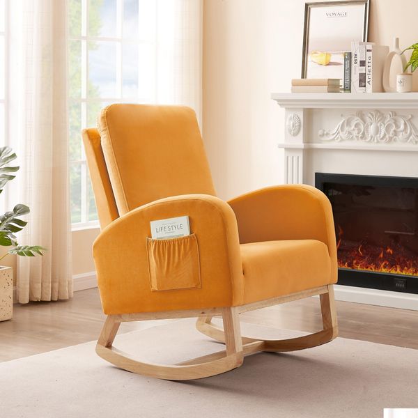 

Room Living Furniture Mid-Century Modern Orange Upholstered Rocking Chair With Tall Back For Accent Glider Rocker Drop Delivery Home Dhbi6