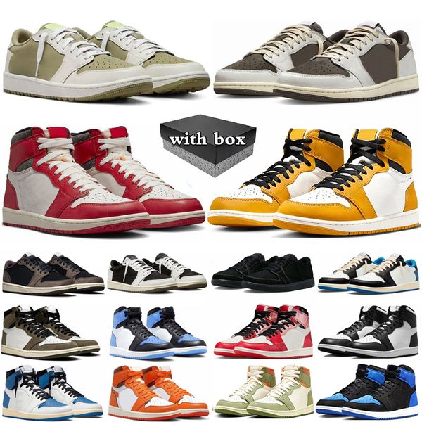 

with box 1 Basketball Shoes Men Women Mens 1s Black Phantom Golf Olive Reverse Dark Mocha panda Royal Reimagined Bred Lost Found Trainers Sport Sneakers size 36-47, White