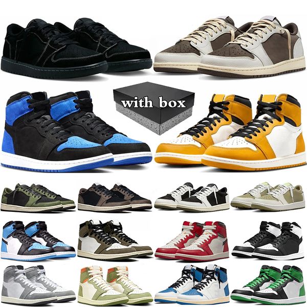 

with box 1 Basketball Shoes Men Women Mens 1s Black Phantom Golf Olive Reverse Dark Mocha panda Royal Reimagined Satin Bred Lost Found Trainers Sport Sneakers, Color 19
