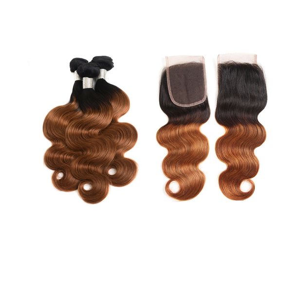 

brazilian human hair 1b 30 ombre color body wave 3 bundles with 44 lace closure free part 4 pcs lot