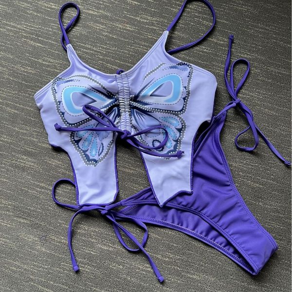 

Bathing suit bikini designer swimwear Butterfly printed Fashion cute split style Happy vacation swimsuit womens swimwear, Blue
