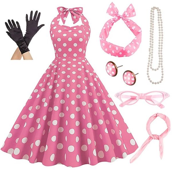 

Summer Women' Dress Polka Dots Dress with Earrings Necklace Headband Glasses Gloves, Blue