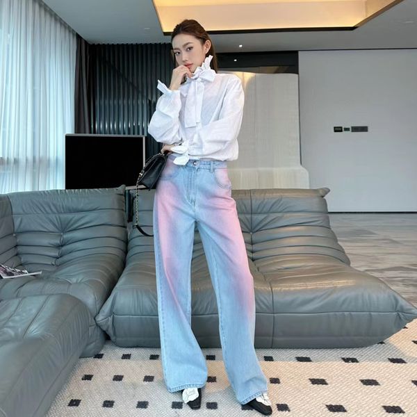 

Designer jeans women Jennie 2C letter pink gradient high waisted straight leg wide leg jeans High quality fashion, Sky blue