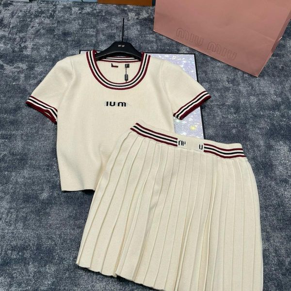 

Womens designer clothing summer dress 2024 MM Spring Summer New Stripe Color Block Short Sleeve Top Half Skirt Two Piece Set Minimalist Style Letter Print, Khaki