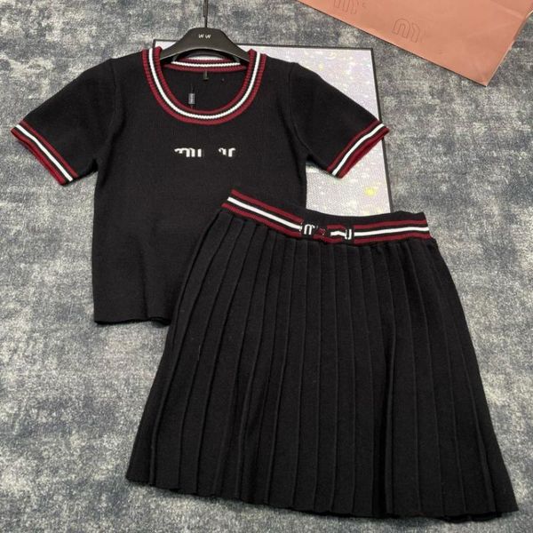 

Dresses for woman Summer New MM Elegant Academy Style Stripe Color Block Short Sleeve Top Half Skirt Two Piece Set Minimalist Style Letter Print, Black