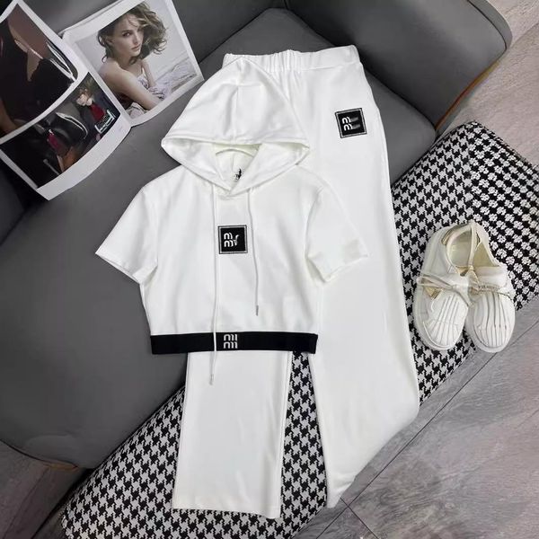 

Womens designer clothing High casual sports suit for women in summer fashionable hooded sweatshirt high waisted straight leg pants two piece set trendy, White