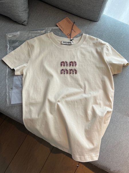 

Womens T-shirts Designer Womens Tops Summer Fashion Round Neck Short Sleeve T-shirt Embroidery Diamonds MM Casual Tops Hot models Gray Almond Size S-L, White