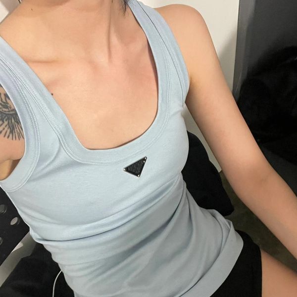 

Womens T Shirts Summer Women Tops Luxury Designer Embroidery Sexy Tank Top Casual Sleeveless Top Shirts Solid simple triangle logo, Haze blue