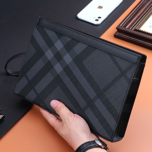 

wholesale mens shoulder bag classic atmospheric plaid business clutch bag large capacity thick leather handbag Joker black color matching men wallet 1270#