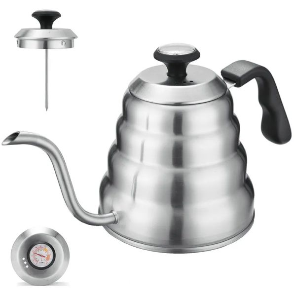 

Kettle1l/1.2l Tools Stainless Steel Pour Over Coffee Pot Drip Kettle with Thermometer for Home Office Cafetera, Black