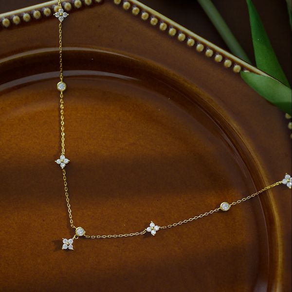 

S Sterg Sier Jewelry Zircon Clover Pendant Four-leaf Gold Plated Chain Necklace