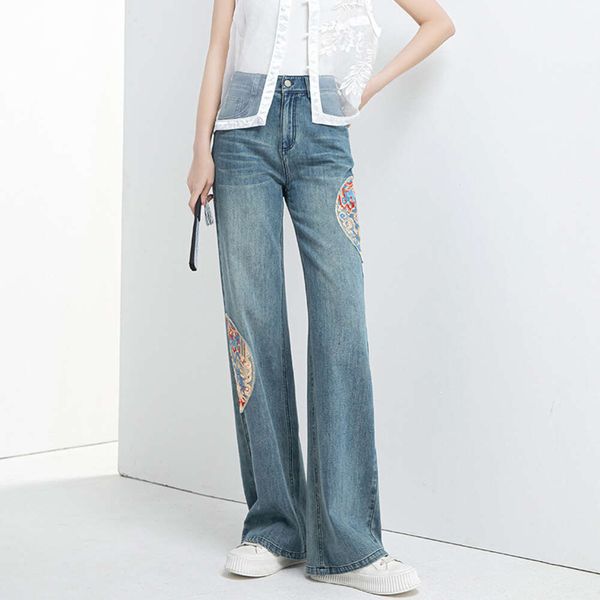 

Xin Ge New Chinese Style Fashionable Embroidered Tubular Pants 2024 Spring New Embroidered High Waist Slimming Jeans, Blue