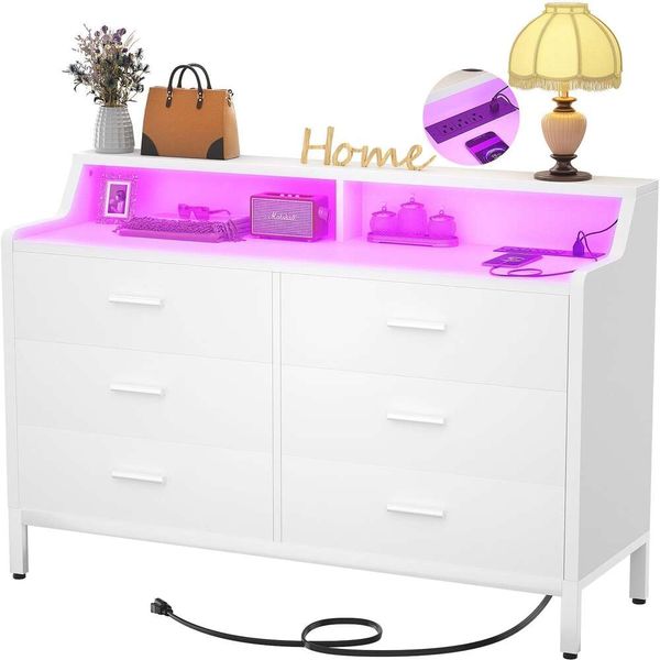 

6 Hyomdeck Drawer Bedroom, Double Storage Dresser with Power Outlets and Smart LED Lights, Sturdy Modern Home Bedroom Furniture, Wide Chest of Drawers for s
