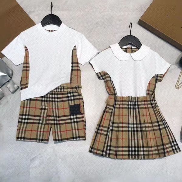 

Baby Kids Clothes Designer Boys Plaid Shirt Sets Girls Checked Hooded Dress Fashion Clothing Suits Childrens Summer Short Sleeve Suit, White