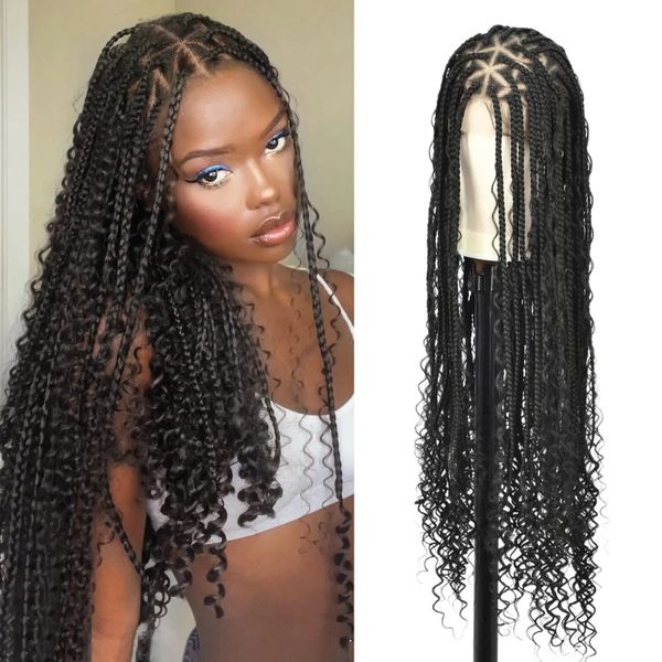 

360Full Double Lace Front Triangle Knotless Box Braided Wigs with Boho Curls Ends Box Braids Wig with Baby Hair, 40inhes