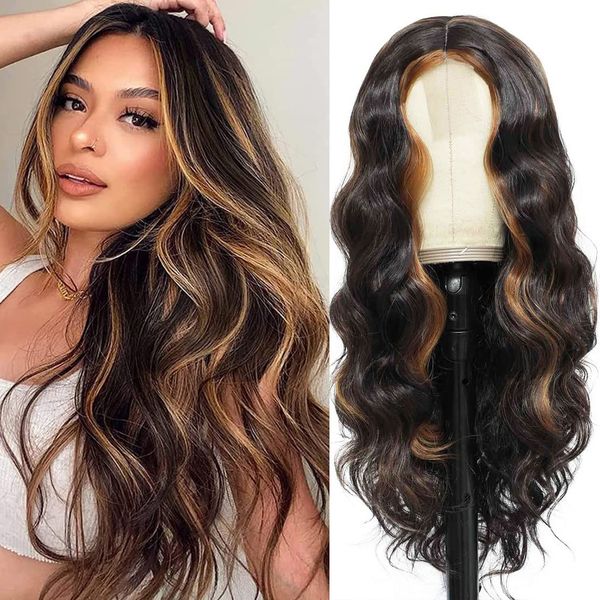 

Highlight Wig Human Hair 26 Inch Body Wave Lace Front Wig Ombre Colored Wig Brazilian Brown Honey Blonde Synthetic Wigs for Women, Mix color