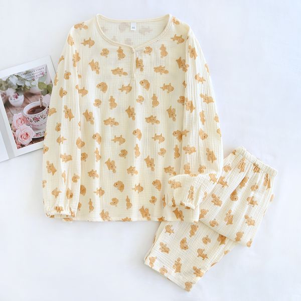 

Women's pajamas with double-layer gauze, pure cotton, soft and breathable fit, round neck trimming, new wearable home suit set, Magic herb