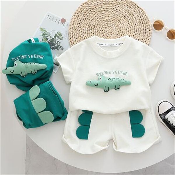 

Children's Set Boys Three-dimensional Dinosaur Printed Cotton Short Sleeve Shorts Set Summer Children's Wear, White