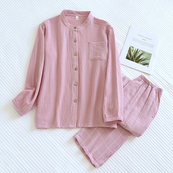 

Double layered pure cotton pajamas for men, washed crepe fabric for home wear, couple plaid women, loose AB version long sleeved cardigan, Crepe ab women's long suit - dousha