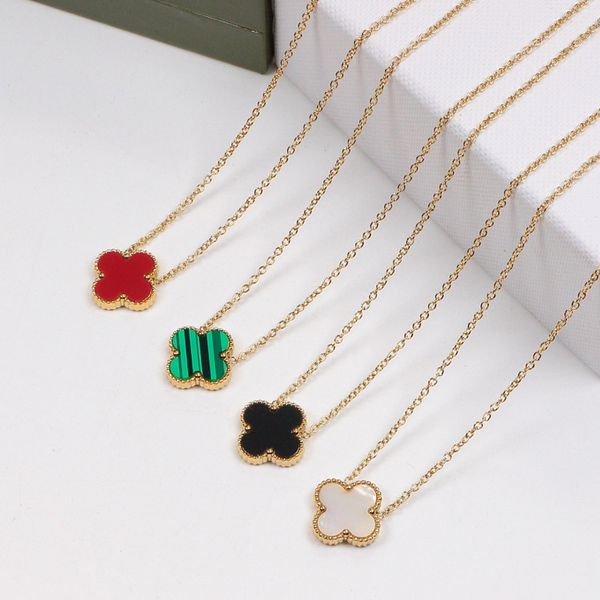 

Elegant Necklace Four Leaf Clover Charm Luxury Brand Designer 18K Rose Gold Silver Plated Stainless Steel Chain Agate Pendant for Women Fashion Jewelry Wedding Gift