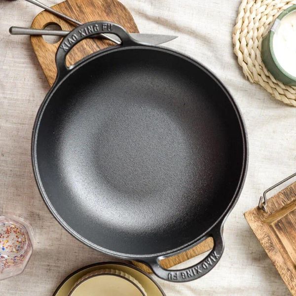 

Uncoated Cast Iron Wok Non-stick Skillet for Kitchen Cooking | Fry Pan