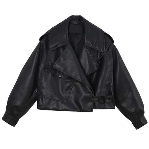 

OC462M93 European and American Outerwear Women's Motorcycle Street Loose Jacket Handmade Custom Long Sleeved Lapel Fake Leather, Black