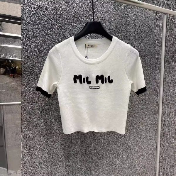 

t shirt women womens clothes designer shirt miui 24ss New 3D Embroidered Letter Knitted Short Sleeve Knitted Shirt Fashionable and Versatile, White