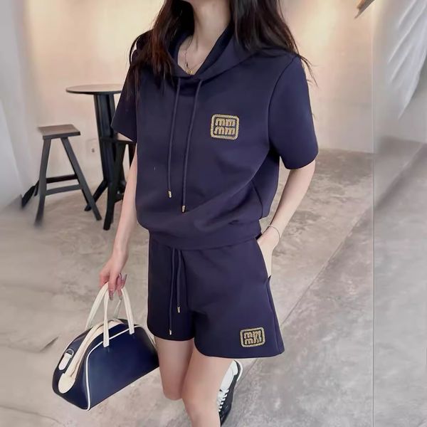 

women designer clothes two piece set women miui 2024 New embroidered gold thread letter hooded short sleeved shorts set fashionable versatile, Navy blue