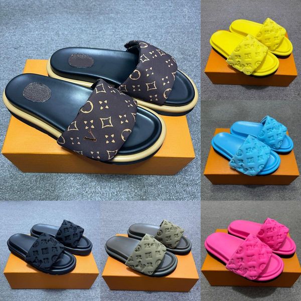 

Classic Prints Designer Slides for Women Leather Slippers couples Summer Flat shoes fashion Sandals Pool Pillow Mules Padded Front Strap Beach Sandels, Color#12