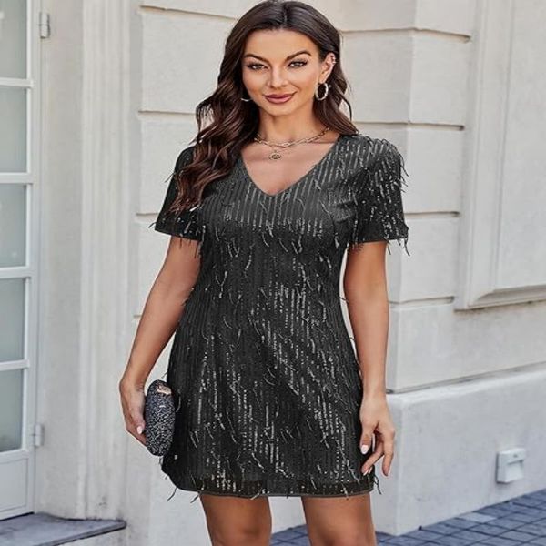 

ZAFUL Women' Sequin Dress Sparkly Glitter Tassel Sexy V Neck Short Sleeve Bodycon Dress Sparkle Cocktail Party Club Dress, Gold