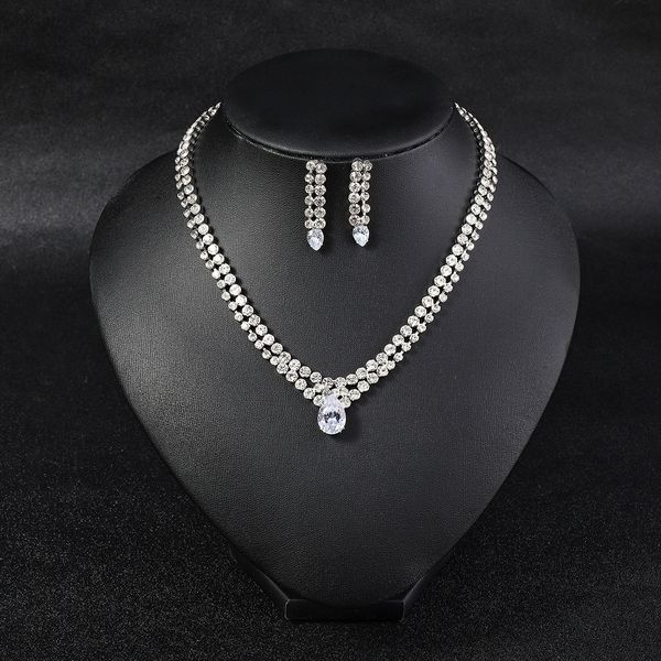 

cross border New Bridal Jewelry from Europe and America Fashionable Light Luxury Zircon Double Layer Water Drop Design Necklace Earrings Set for Women