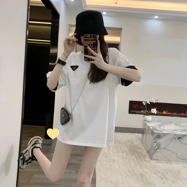 

womens clothes designer t shirt Summer New Style Casual Triangle Label Color Block Sleeves Loose oversize Slim Short Sleeve Tshirt with Bag, White