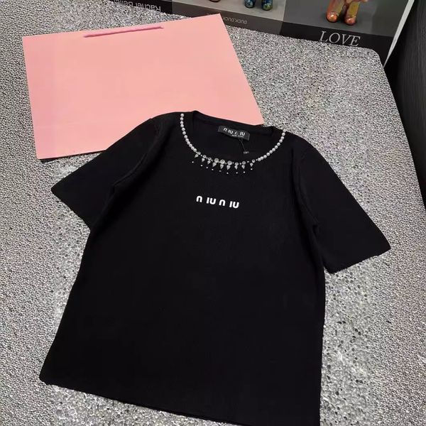 

Miu Fashion designer t shirt Womens High Quality 24ss Cotton Round Neck Tee Embroidery Versatile Casual Short Sleeve Tshirt Summer designer clothes women, White-2