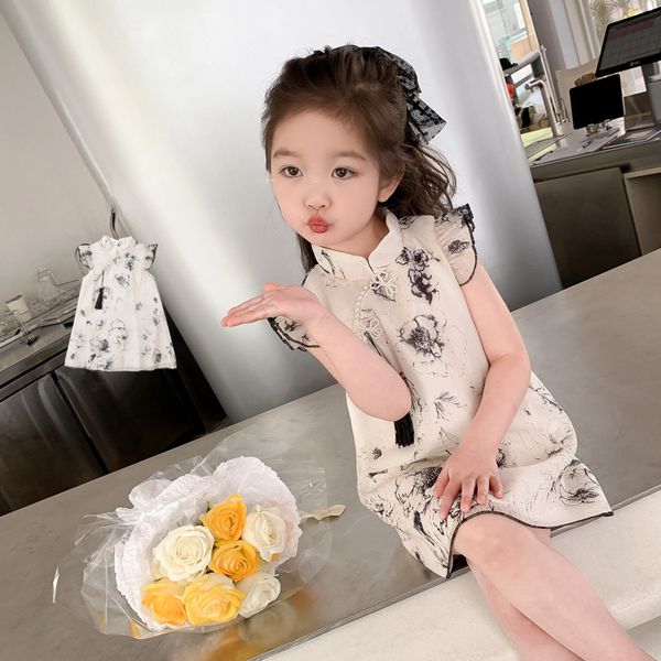 

Girls' Cheongsam Dress Summer New Chinese Style Ink Painting Children's Princess Dress Little Girl Girl Baby Gauze Dress, White