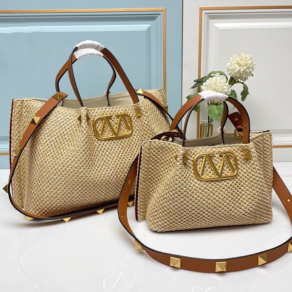 

New Style Gold V Raffias Beach Designer Totes Large Travel Handbag with Purse Mother Shoulder Weave Rivet Womens Straw Crossbody Clutch Duffle Bag, Deep brown