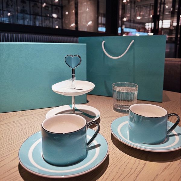 

Designer Sets Gold Rim Coffee Cup Screw Rod Double Layer Dessert Tray Five-piece Gift Set, Sky blue