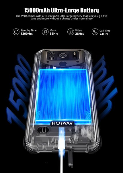 

W10 HOTWAV Rugged Smartphone 15000mAh Large Battery Android 12 Mobile Phone 13MP Camera IP68 IP69K 6.53'' HD+ 4GB 32GB Cellphone, Black