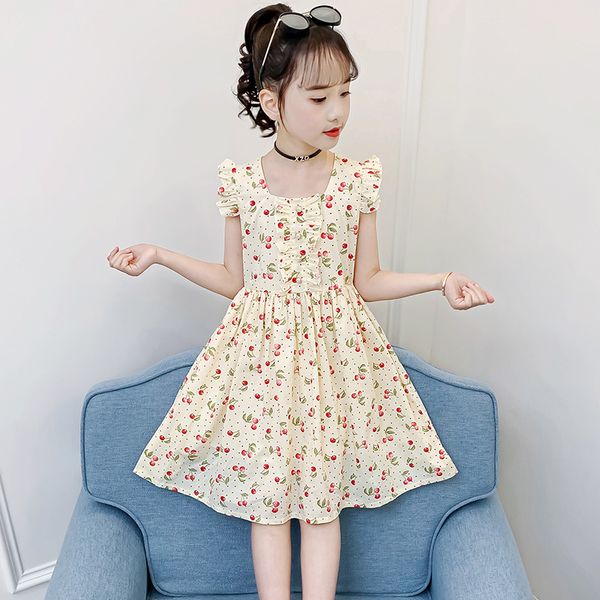 

Girls' 2024 new children's short sleeve cotton floral girl Princess dress, Beige