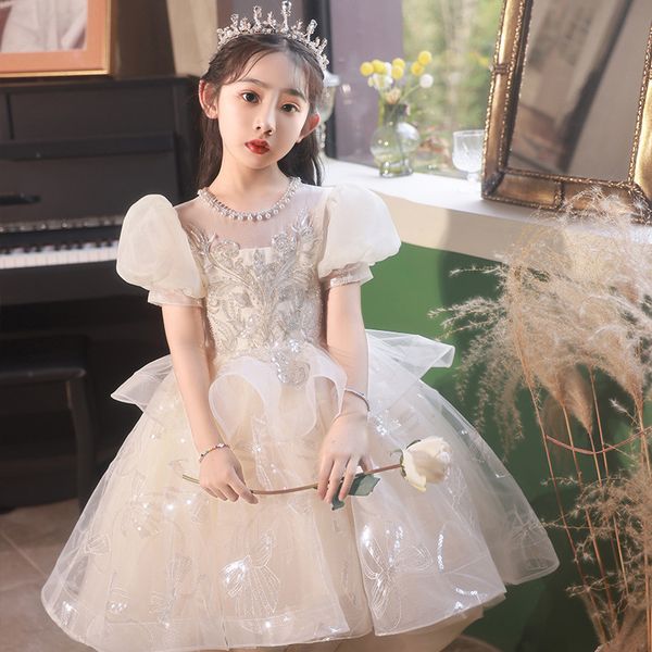 

High-end temperament children's evening little girl birthday party princess dress small host piano clothing, Champagne