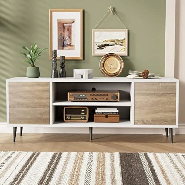 Mid-Century Modern TV Stand for 55/65 Inch TV, Entertainment Center with Storage Cabinet and Open Shelves, TV Media Cabinet