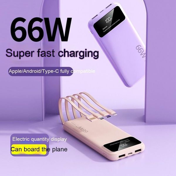 30000mAh 100W Super Fast Charging Power Bank Portable Charger Battery Pack built in cables for iPhone Huawei Samsung