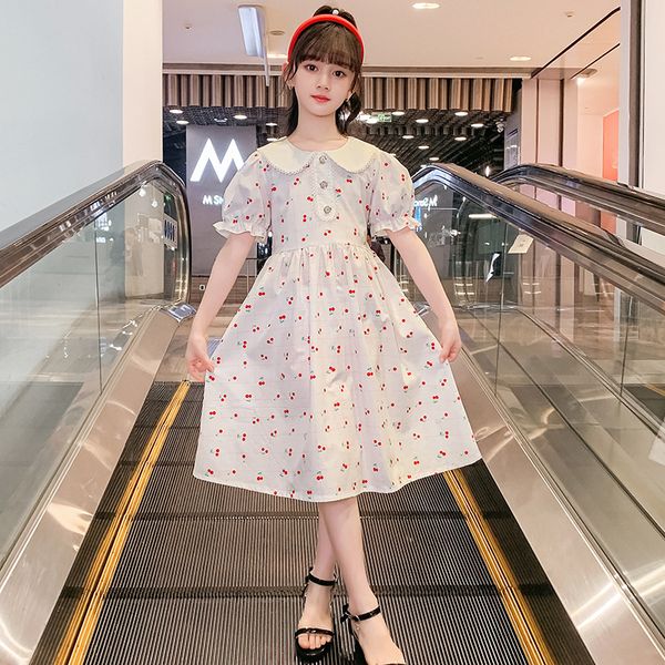 

Girls summer French puffed sleeve Princess floral loose cotton dress, White