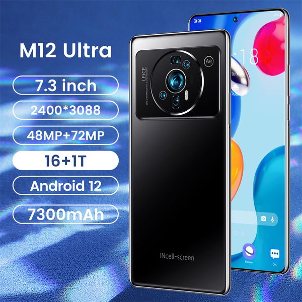 

High-End Cross-Border New Arrival Foreign Trade Mobile Phone M12 Ultra Large Screen Real Perforated Smartphone 7.3-Inch 3 64, Multi-color