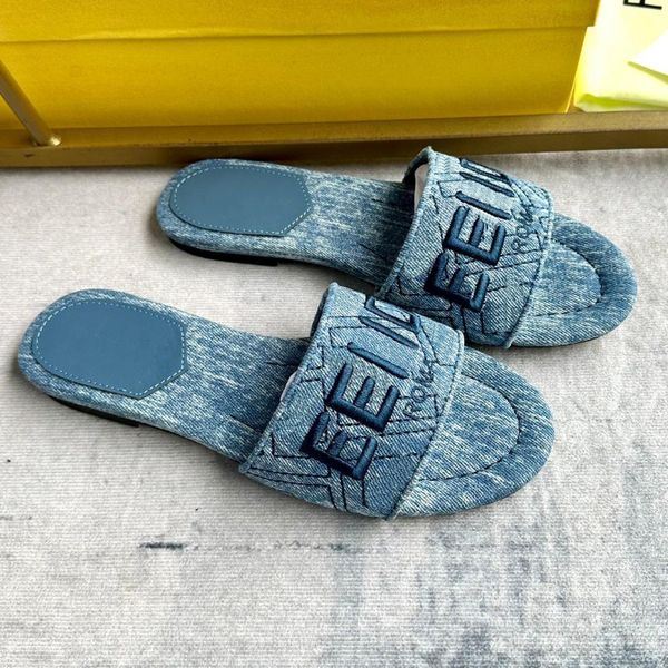 

Double New Strap Flat Sandals with Decorative Buckle and Antique Blue Denim Material Embellishment Quilted F Pattern Size 35-42