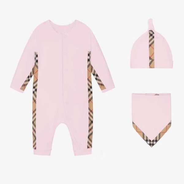 

Cute Baby Boys Girls Plaid Rompers+hats+bibs 3pcs Set Spring Autumn Toddler Long Sleeve Jumpsuits Infant Onesies Kids Romper, Pink