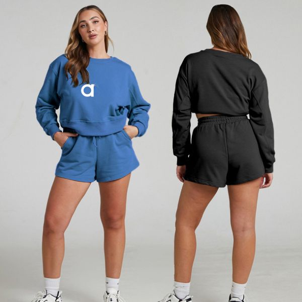 

Al-yoga Suits Women Crew Neck Pullover+shorts Oversized Long Sleeve Cropped Sweatshirts Short Pants Running Exercise Fiess Sweatsuit Slouchy Outdoor Streetwear, Black