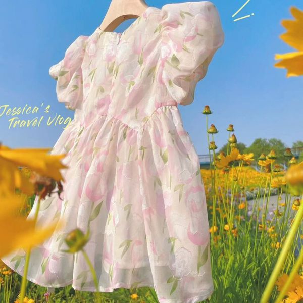 

New Children's Puffed Sleeve Dress Girl Sweet Dress, Pink