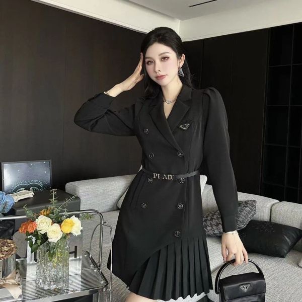 

Womens Designer suit dress Clothing Prado High grade pleated patchwork dress girls triangle fashion French shopping and dating dress, Black